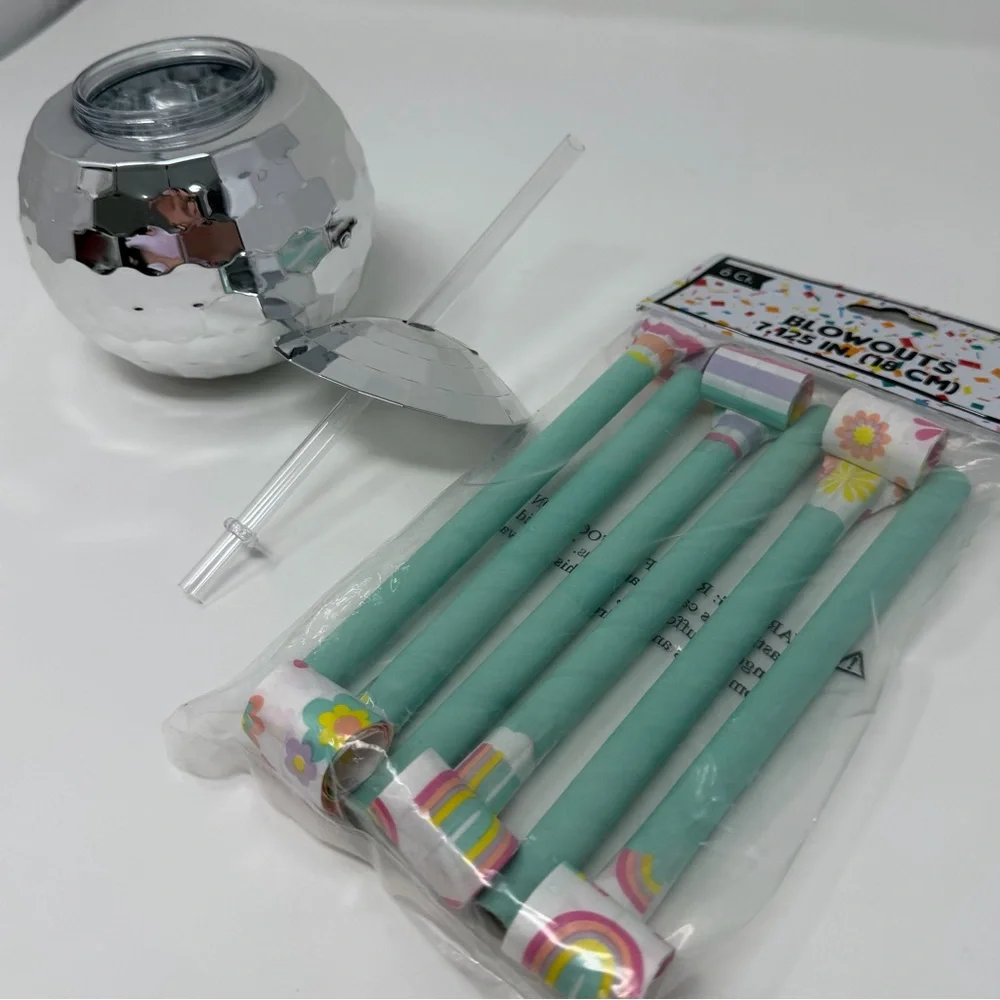 Silver Disco Ball Cup with Teal Party Blowers